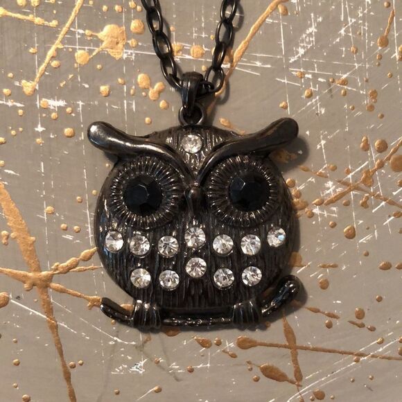 Brass with Black and White Rhinestones Owl on a Branch Necklace - Picture 2 of 5